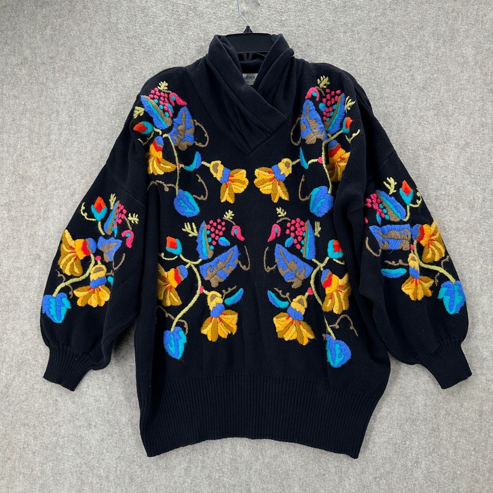 VTG Bonnie Boerer Sweater‎ Colorful Floral Embroidery Puffy Sleeve LARGE